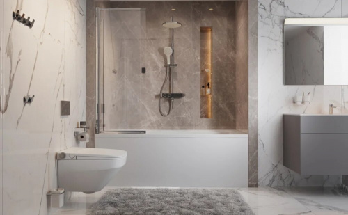 Комплект мебели для ванной AM.PM Inspire V2.0 100 UK50SD подвесной Серый матовый со смесителем с унитазом с инсталляцией с акриловой ванной на каркасе с душевой шторкой и душевой системой и аксессуарами фото 3
