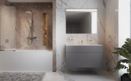 Комплект мебели для ванной AM.PM Inspire V2.0 100 UK50SD подвесной Серый матовый со смесителем с унитазом с инсталляцией с акриловой ванной на каркасе с душевой шторкой и душевой системой и аксессуарами фото 2