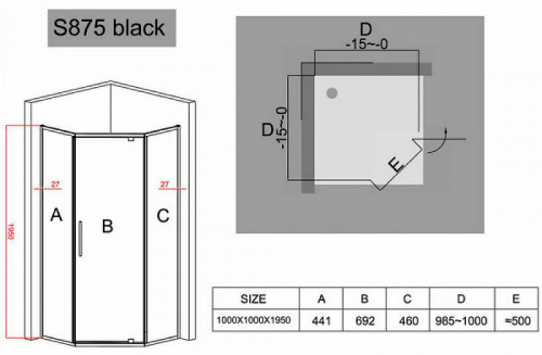 Душевой уголок Black&White Stellar Wind S875-1000х1000 профиль Черный стекло прозрачное фото 4