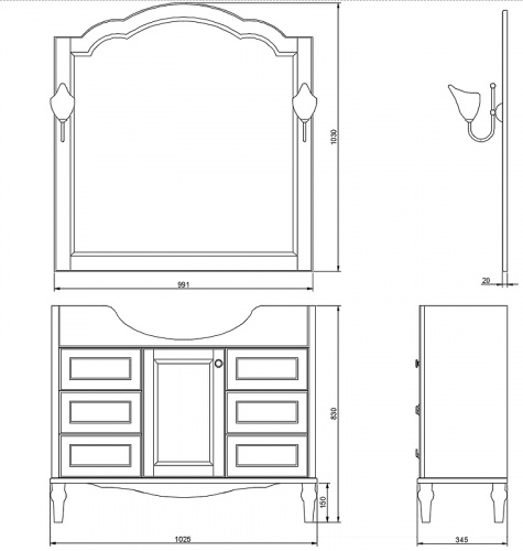 Комплект мебели для ванной ValenHouse Астер 105 АК105_ББ Белый ручки Бронза фото 5